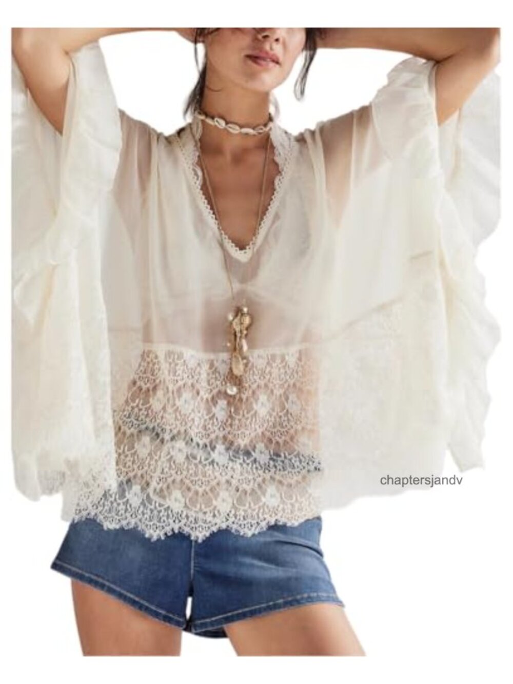 Sheer Poncho Top Women Oversized Batwing Sleeve Lace Cover Up Boho Blouse